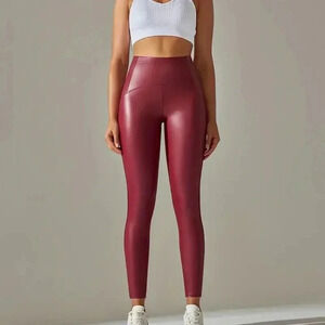 PU Leather High Waist Sexy Leggings (Reddish Burgundy)